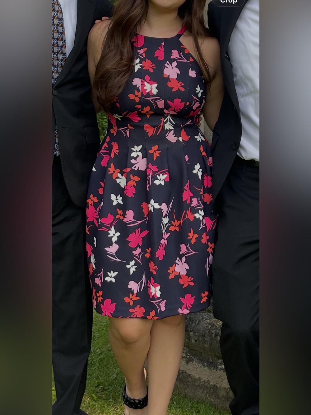 Vince Camuto Navy Midi Dress with Pink, Red, Coral & White Floral Print